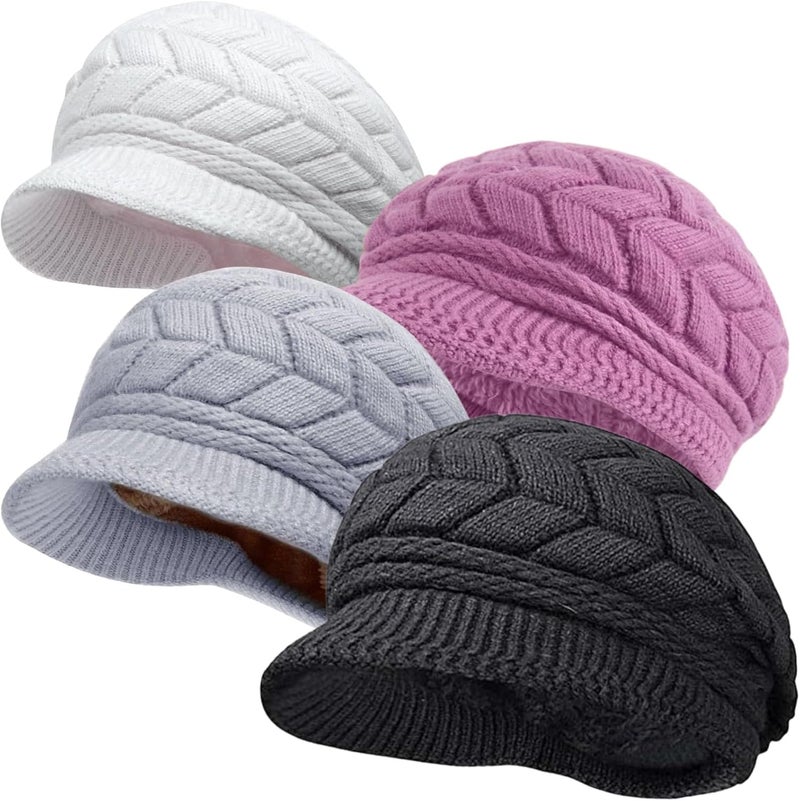 stablerice 4 Pack Womens Winter Beanie Hats Thick Warm Knit Hat with Visor Brim Wool Snow Ski Caps Chunky Soft Slouchy Cap - Image 1
